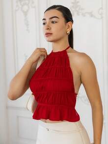Andrea Bello Women's Adjustable Tie Strap Ruched Layered Semi-Sheer Romantic Date Cropped Top, Concert Summer Holiday Valentine's Day Casual - Red - View 7