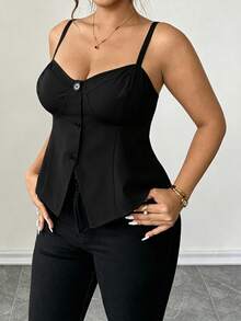 Elenzga Plus Size Elegant Casual Solid Color Spaghetti Strap Camisole, Hemline Split Button Design, Suitable For Daily Wear, Beach Vacation, Date, Party, Spring/Summer - Black - View 4