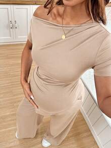 SHEIN 孕婦純色不對稱下擺不對稱領上衣與可調腰長褲兩件套 - 卡其色 - 查看 4