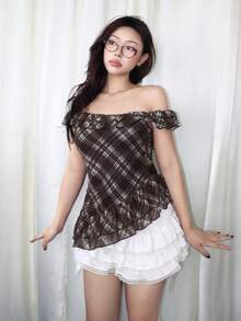 J-Fashion ROMWE X Isabelle Nguyen ملابس علوية قصيرة غير متماثلة بنمط مربعات ريترو Y2K - بني - مشاهدة 1