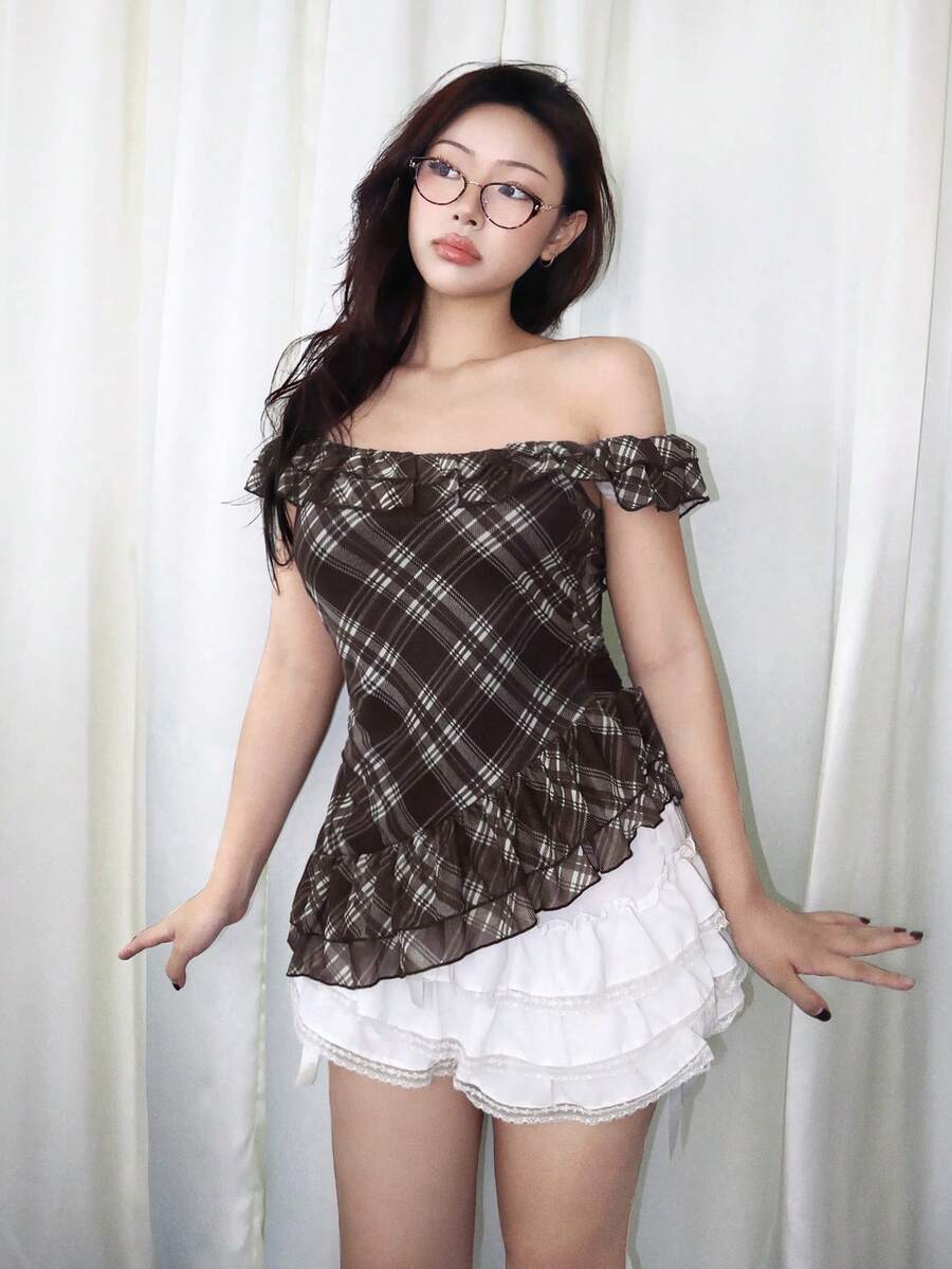 J-Fashion ROMWE X Isabelle Nguyen ملابس علوية قصيرة غير متماثلة بنمط مربعات ريترو Y2K - بني - مشاهدة 1