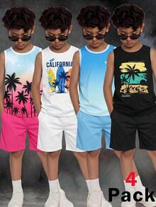 SHEIN 4件/組買2送2兒童青少年男孩休閒度假風椰子樹印花圓領套頭無袖背心，Y2K，SS26，夏季，外出，情人節，約會，旅行，度假，家庭聚會，返校，婚禮季，晚會，運動，生日派對 - 彩色 - 查看 5