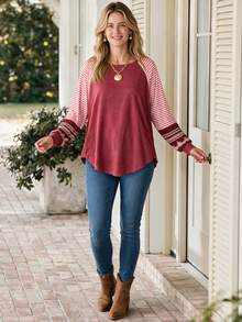 Rosumi Women's Plus Size Patchwork Striped Raglan Long Sleeve Casual Loose Sweatshirt Fall Winter 2026 Fall Outfits Going Out Tops For Women - Multicolor - View 5
