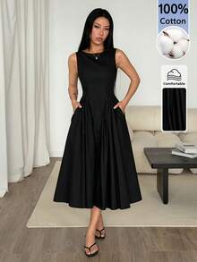 SHEIN PETITE Women's Solid Color Pleated Casual Party Dress - Black - View 7