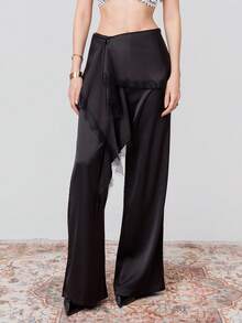 SHEIN x Luisa Sonza PRISCILA ESCOTO PRISCILA ESCOTO 2026 New Arrive Minimalism Spring/Summer Women's Lace Patchwork Ruffle Hem Casual Versatile Commuting Wide Leg Wide Leg Pants Lace Trim Pants Black - Black - View 5