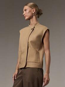 COSMINA Women's Elegant Modest Minimalist Street Style Double Pocket Button-Up Vest Jacket Camel Zipper Front Design Summer Office - Khaki - View 2