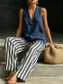 Linhara CURVE Plus Size Vacation Casual Sailor Tank Top Striped Pants 2 Pieces Set Brunch Formal Navy Blue Summer - Blue and White - View 3