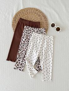 SHEIN 3-Pieces Baby Girl Long Pants Set, Solid Dark Brown Vertical Stripe Style Low-Key And Soft, Beige With Small Black Heart Pattern Cute And Fresh, Classic Leopard Print Style Personalized And Fashionable. All Pants Feature Slightly Ruffled Cuffs, Three Styles Suitable For Various, Overall Color Tone Unified And Harmonious. - Multicolor - View 8