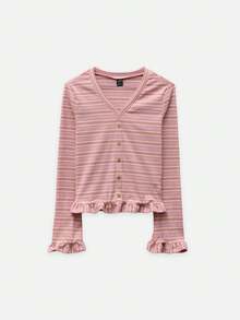 Nöista Top acanalado rosa y crema con dobladillo y puños con volantes. Estilo de otoño, vuelta a la escuela y casual. - Rosa - Ver 8