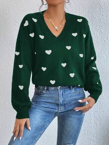 Cloudara Heart Pattern Drop Shoulder Sweater - Green - View 3
