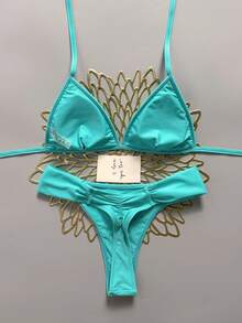 Swim Mod 女款 2 件式比基尼套裝，特殊紋理布料，三角綁帶上衣與抓皺比基尼褲，夏季海灘泳裝 - 藍色 - 查看 2