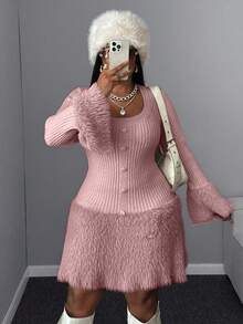 Maweii Plus Size Women Solid Color Elegant Fitted Fuzzy Heart Knitted Sweater Dress Winter - Pink - View 1