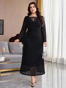 Modelyn Plus Size Women's Lace Patchwork Casual Party Dress - Black - View 4