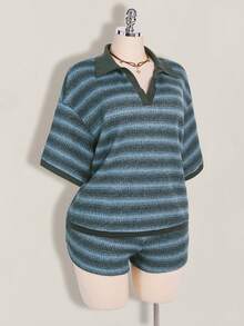 SHEIN ICON 大码女式条纹短袖T恤和短裤休闲套装 - 藍色 - 查看 5