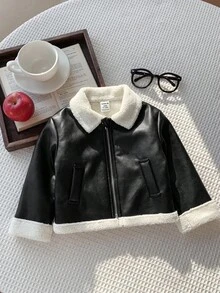 男嬰秋冬可愛百搭黑色人造毛保暖內裡休閒夾克 - 黑色 - 查看 4