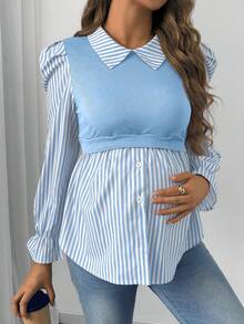 SHEIN 孕婦哺乳功能鈕扣條紋拼接時尚上衣 秋季 - 藍色 - 查看 3