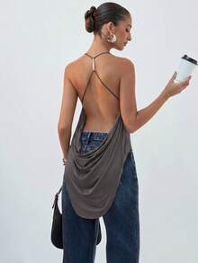 Hauture Backless Halter Top With Silver Line Trim - Dark Grey - View 1