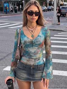 SHEIN ICON Fall Women's Western Boho Teal Allover Print V-Neck Ruched Elegant Long Sleeve Blouse - Multicolor - View 3