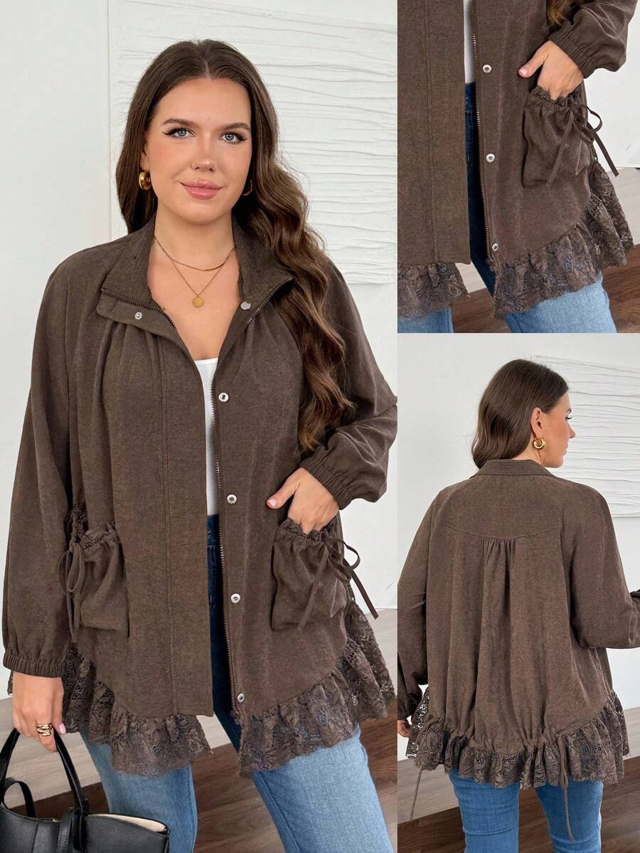 Easowa Curve Chaqueta de talla grande con patchwork de encaje y doble bolsillo para otoño - Café integral - Ver 1