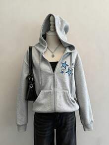 SHEIN EZwear 女款休閒開襟連帽衛衣，女款秋冬服飾，星星印花，夏季服飾，街頭風，適合日常通勤、約會、派對、秋冬、夏季、派對、婚禮、海灘、畢業典禮、優雅、休閒、外出、Y2K、音樂節穿搭、度假服飾、返校服飾 - 淺灰色 - 查看 4