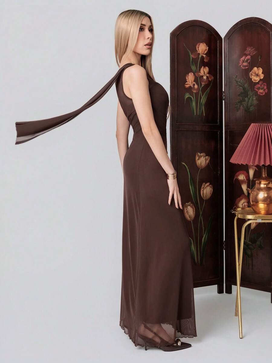 PRISCILA ESCOTO PRISCILA ESCOTO 女士优雅浪漫时尚通勤性感优雅风格不对称肩部紧身长裙,适合派对、海滩度假、返校、浪漫约会、婚礼季、生日、复活节、春夏季 - 咖啡棕 - 查看 1