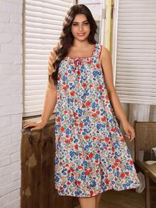 Serenescape Plus Size Pastoral Floral Ruffle Trim Sleeveless Nightgown, Romantic Sweet Home Dress - Multicolor - View 5