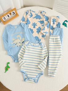 Unisex Newborn Baby Boy/Girl, 3sets Autumn/Winter Casual Cute Dinosaur Pattern Blue Tone Romper Set, Baby Winter Clothes/Bodysuit Set, Halloween Pcs - Blue - View 3