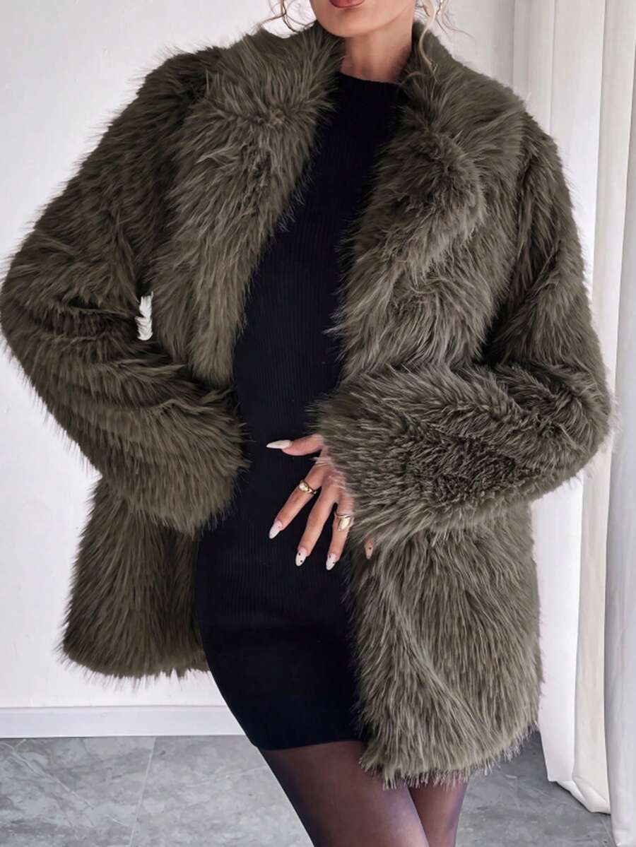 SHEIN Raffinéa 女款灰色休閒百搭長款毛皮大衣,秋冬款 - 咖啡棕 - 查看 1