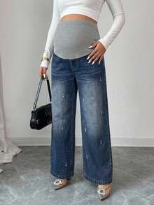 DAZY Casual Washed Rhinestone Decor Elegant Daily Wear Wide Leg All Season Maternity Long Denim Jeans Fall - Medium Wash - View 6