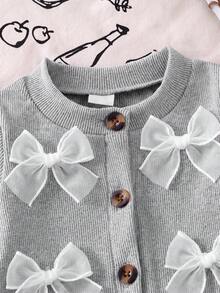 SHEIN 嬰兒/幼兒（女童）灰色羅紋長袖開襟衫配大蝴蝶結裝飾與純色長褲 2 件套，春秋休閒日常慵懶穿搭 - 灰色 - 查看 3