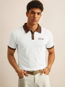 SWAVVY Men's Colorblock Patchwork Letter Embroidered Short Sleeve Polo Shirt - White - View 6