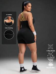 Powerista Women's Plus Size Backless Halter Neck Fitted Sports Romper - Black - View 3