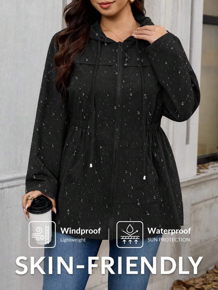Reflora Plus Size Women's Solid Color Long Sleeve Casual Hooded Jacket Office Black And Gold Summer - Black - View 1