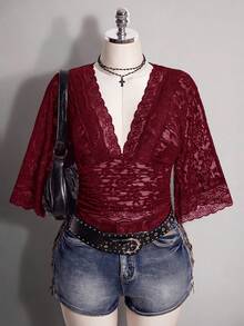 SHEIN ICON Plus Size Y2K Sexy V-Neck Lace Patchwork Flare Sleeve Top - Burgundy - View 1
