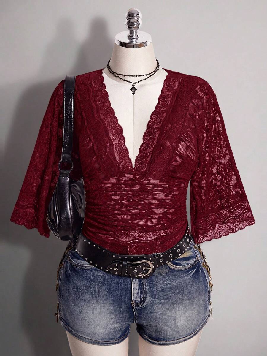 SHEIN ICON Plus Size Y2K Sexy V-Neck Lace Patchwork Flare Sleeve Top - Burgundy - View 1
