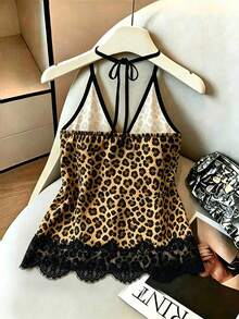 SHEIN PariChic 女款蕾絲拼接豹紋休閒百搭日常穿搭掛脖背心 - 彩色 - 查看 2