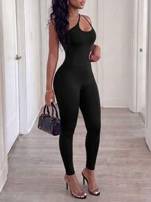 BamGleam Sexy Solid Color Hollow One Shoulder Fitted Sports Jumpsuit - Black - View 4