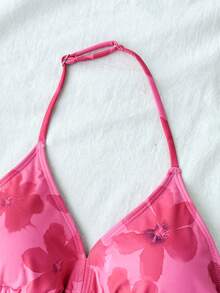 少女 3 件組針織淡粉色網格印花度假泳衣套裝：泳衣上衣、泳褲與繫帶前開衩裙，夏季海灘露背細肩帶三角比基尼套裝，海灘泳衣，夏季海灘波希米亞風 - 玫紅色 - 查看 8