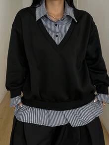 POPSWAY 黑色韓式條紋 2 合 1 女款冬季新款翻領修身設計上衣 美式條紋 2 合 1 POLO 領休閒百搭拼接設計上衣 - 黑色 - 查看 6