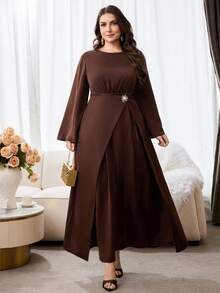 Veilorie Plus Size Metal Flower Decor Ruched Waist Long Sleeve Dress - Coffee Brown - View 1