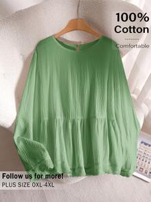 CosyJoli Plus Size Women's Casual Solid Color Long Sleeve Ruffle Hem Loose Blouse Fall - Green - View 1