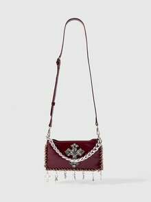 ROMWE Grunge Punk Red Cross Diamond Accessory Pendant Crossbody Bag - Burgundy - View 1