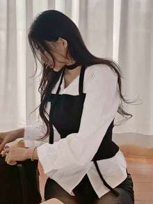 DAZY 女款拼接撞色 2 合 1 領口長袖前綁帶休閒優雅正式度假風春秋襯衫 - 白色 - 查看 5