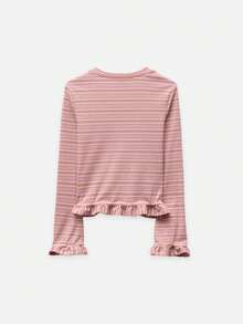 Nöista Top acanalado rosa y crema con dobladillo y puños con volantes. Estilo de otoño, vuelta a la escuela y casual. - Rosa - Ver 9