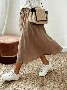 EMERY ROSE Plus Size Women's Waist Tie Linen Khaki Skirt Fall - Multicolor - View 3
