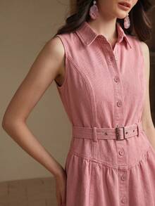 Anewsta Women's Summer Pink Dress, Fashionable Modern Structured Tank Top Collar Design With Belt, Denim Dress - Pink - View 2