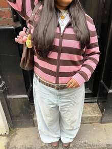 Solavibe Plus Size Light Pink Zip‑Up Hooded Knit Cardigan, Campus Daily Wear, Autumn, Back To School Formal Date Night Going Out Y2k 90s 1960s - Pink - View 9