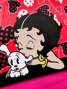 Betty Boop x SHEIN 復古美式卡通折疊傘，滿版 與愛心波點印花，折疊後口袋尺寸，遮陽防雨雙用，防風設計，適合購物與戶外旅行 - 紅黑色 - 查看 7