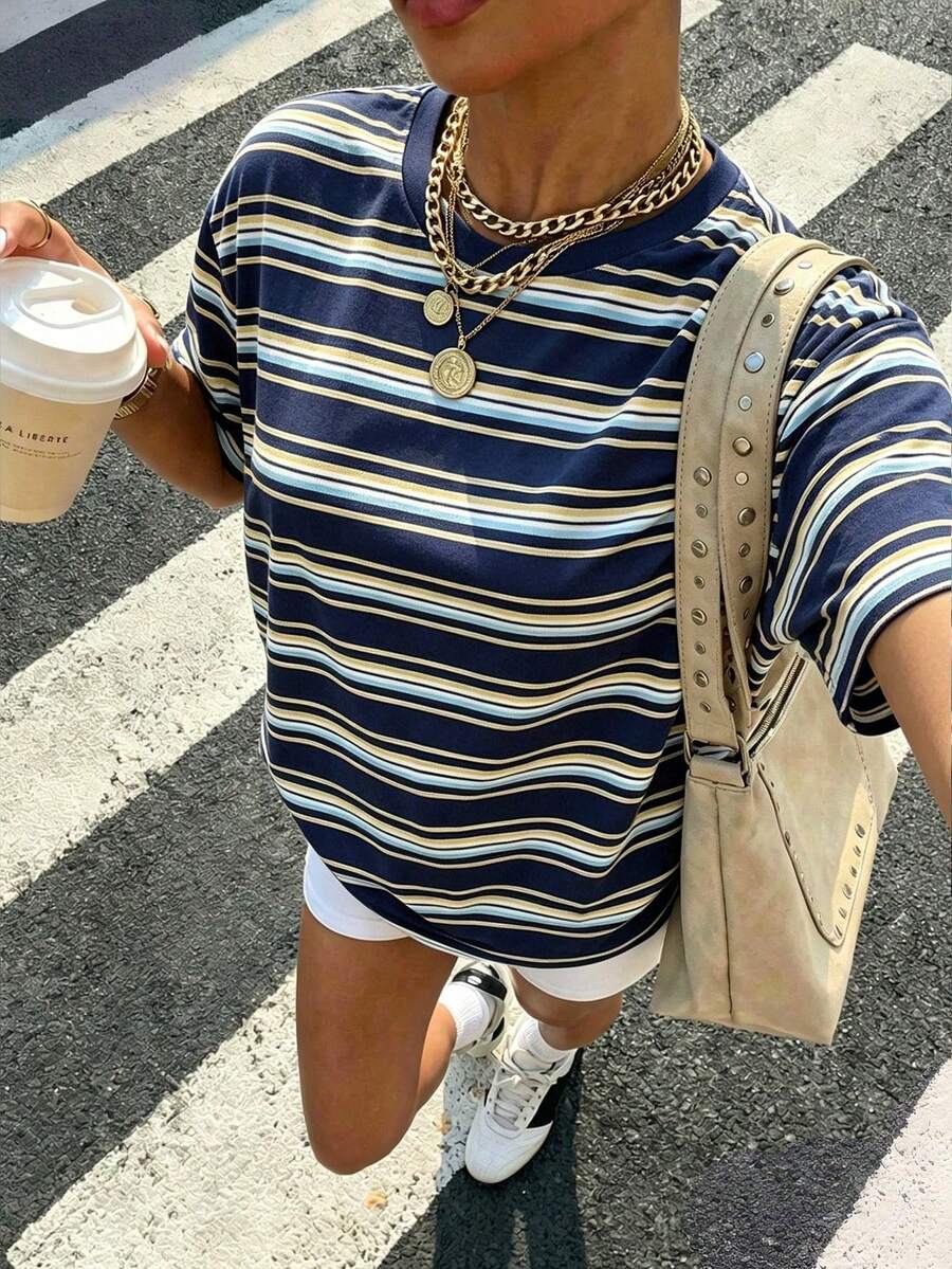 Muchica Plus Size Casual Minimalist Crew Neck Short Sleeve T-Shirt, Suitable For Summer - Multicolor - View 1