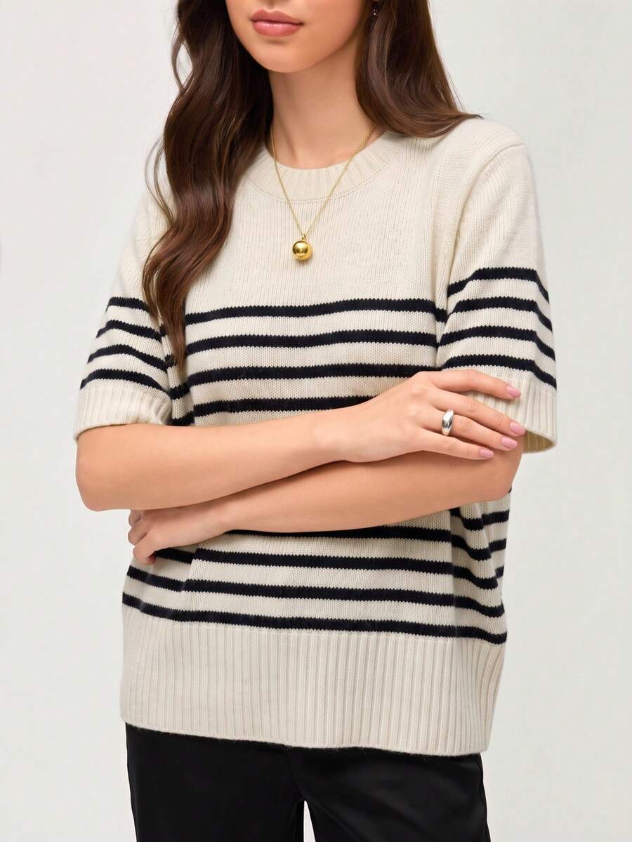 SHEIN Orluneo 新款春夏韩版休闲宽松个性条纹撞色针织女式上衣 - 杏色 - 查看 1